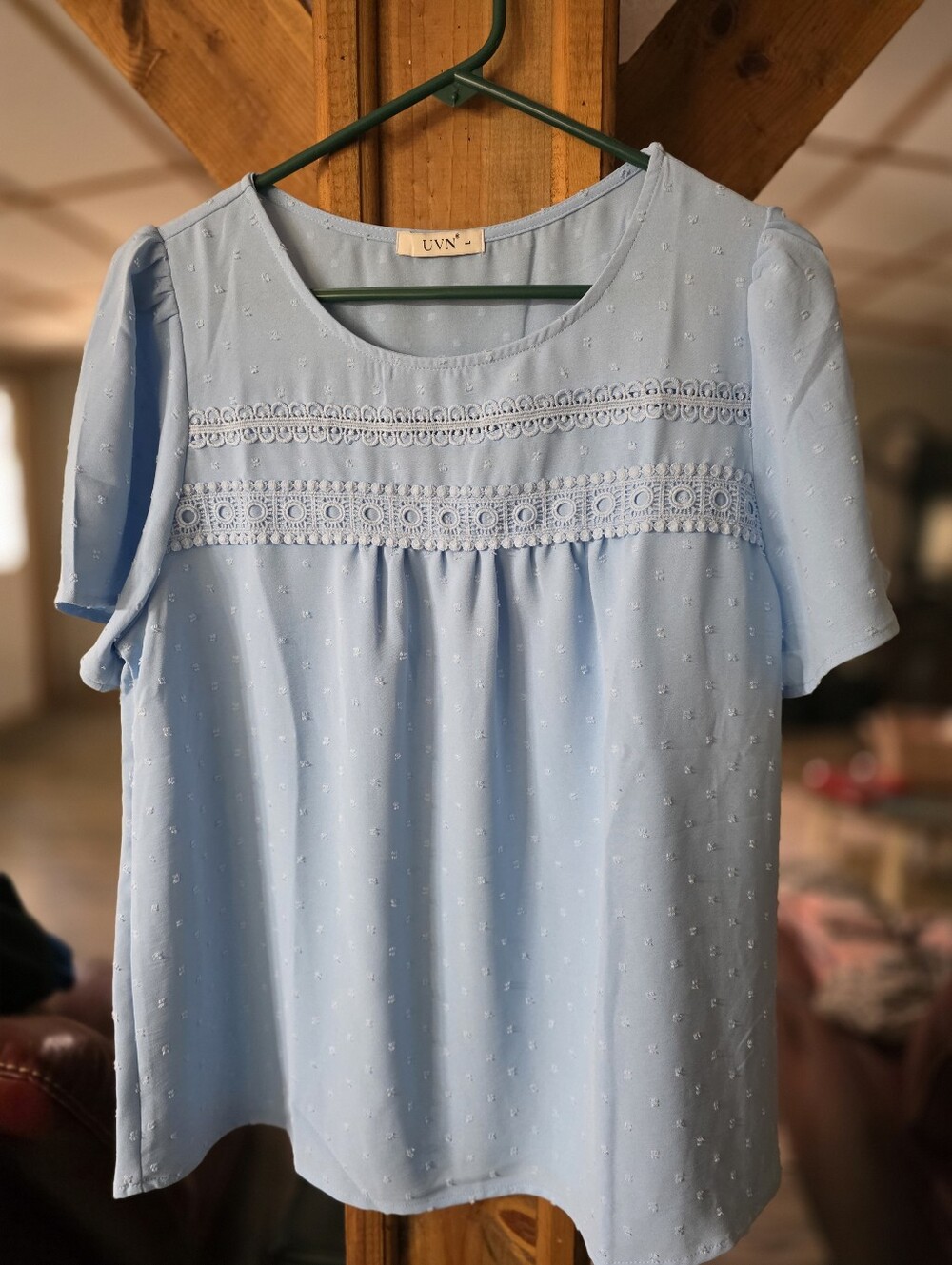 Light Blue Eyelet Yoke Short Sleeve Blouse by